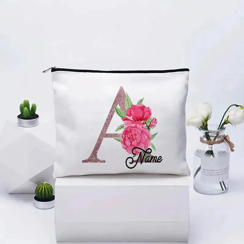 trousse de maquillage personnalisable avec prénom, cadeau de mariage, grande pochette en toile à fermeture éclair, motif floral pivoine, essentiels de voyage, maquillage