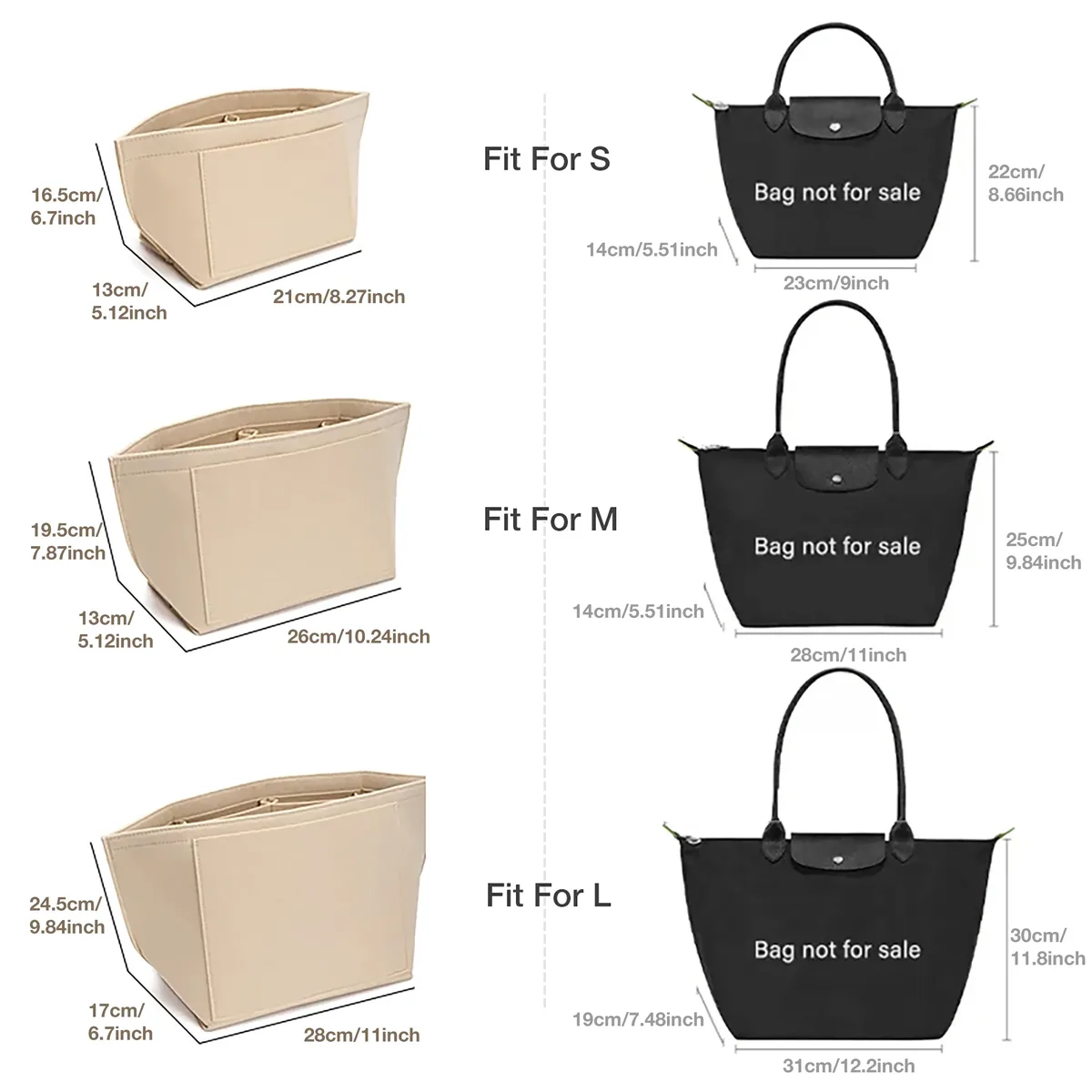 insert organisateur de sac à main en feutre pour longchamp le pliage l insert de sac à main (3 tailles)