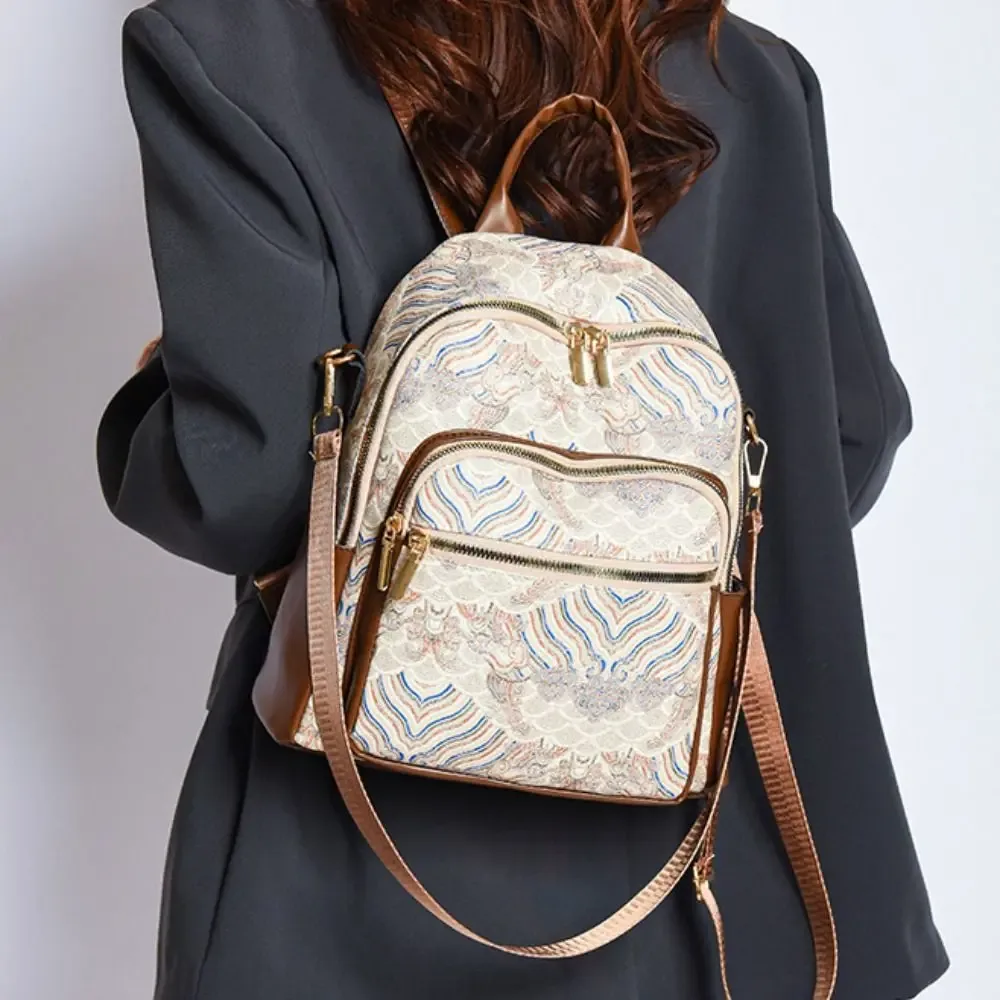 sac à dos décontracté grande capacité pour femme, sac à bandoulière en pu style ethnique avec poignée supérieure, mini sac à dos de voyage brodé et imprimé, polyvalent