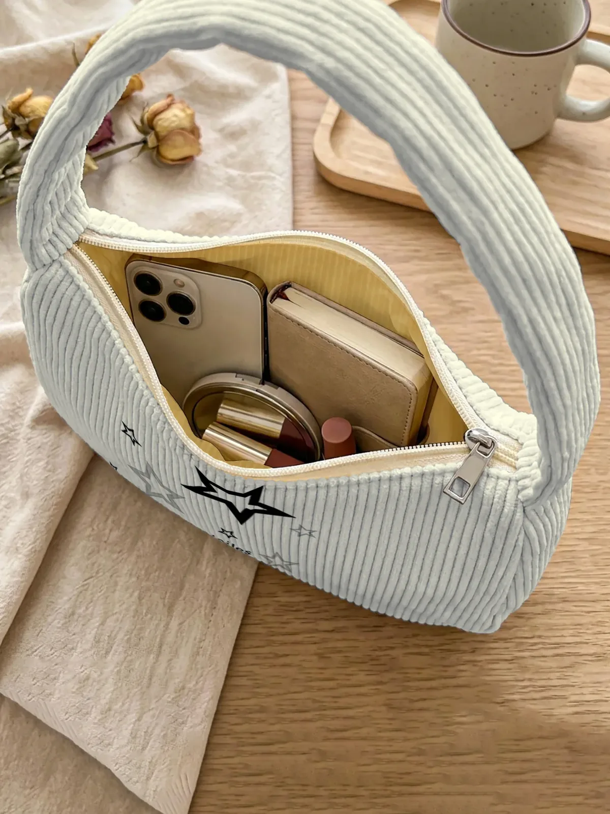 sac à bandoulière tendance à imprimé étoiles, sac sous le bras en velours côtelé beige pour un usage quotidien décontracté