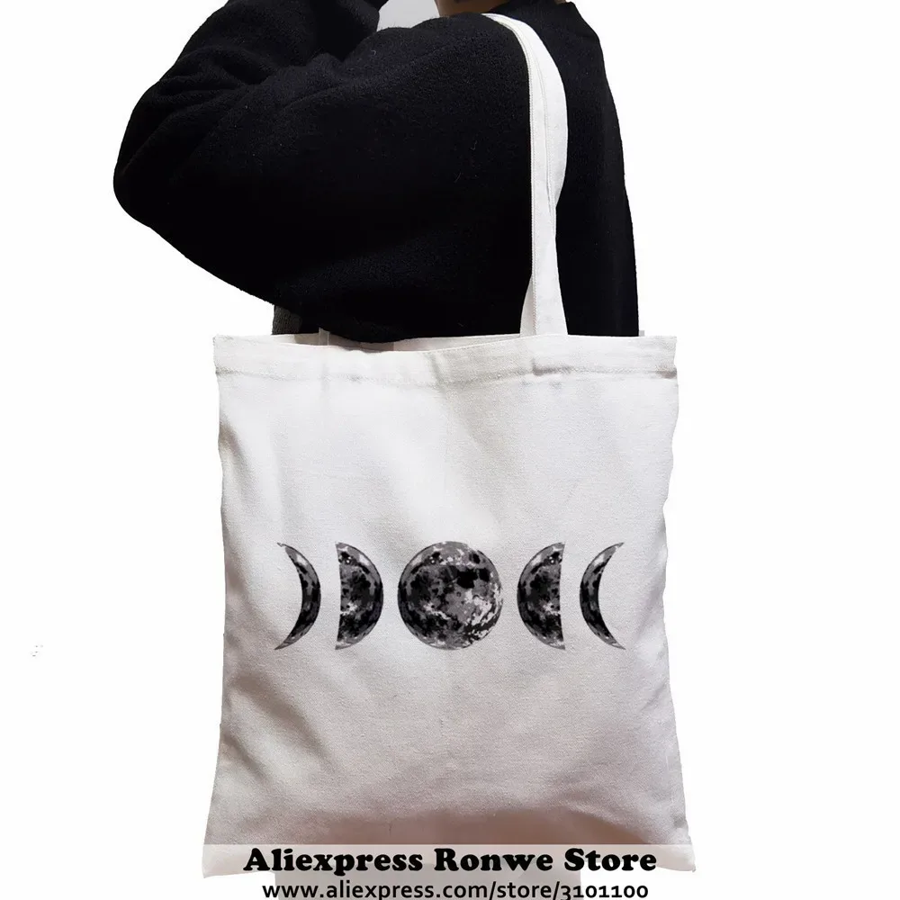 sac fourre-tout en toile de grande capacité pour femmes, sacs à main noirs pour étudiants initiés, sac à soupe réutilisable, espace féminin, lune, nouveau