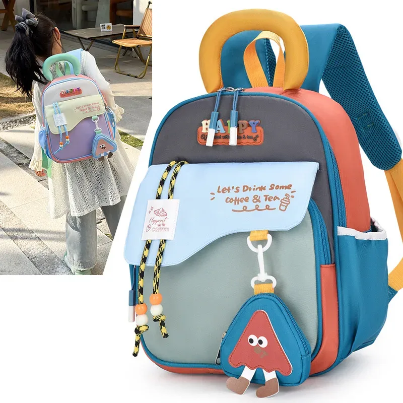 sac à dos enfant color block mignon, en nylon, motif dessin animé, unisexe, pour la maternelle, les voyages et l'école, grande capacité