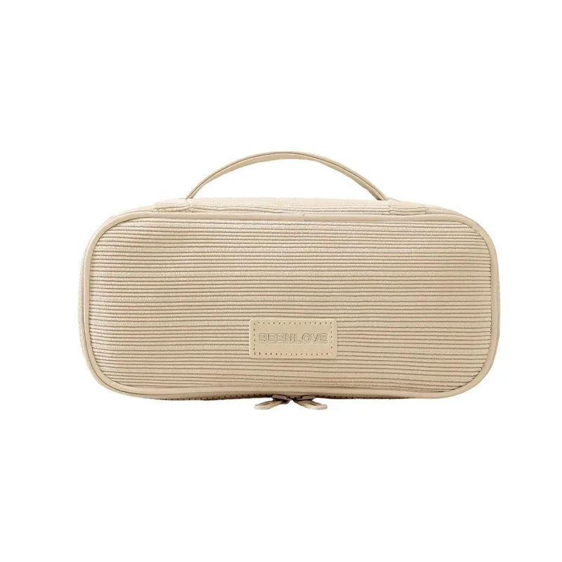 sac de rangement de maquillage de voyage en velours côtelé pour femmes, sac à cosmétiques portable à fermeture éclair avec poignée carrée, pochette de lavage de toilette de grande capacité