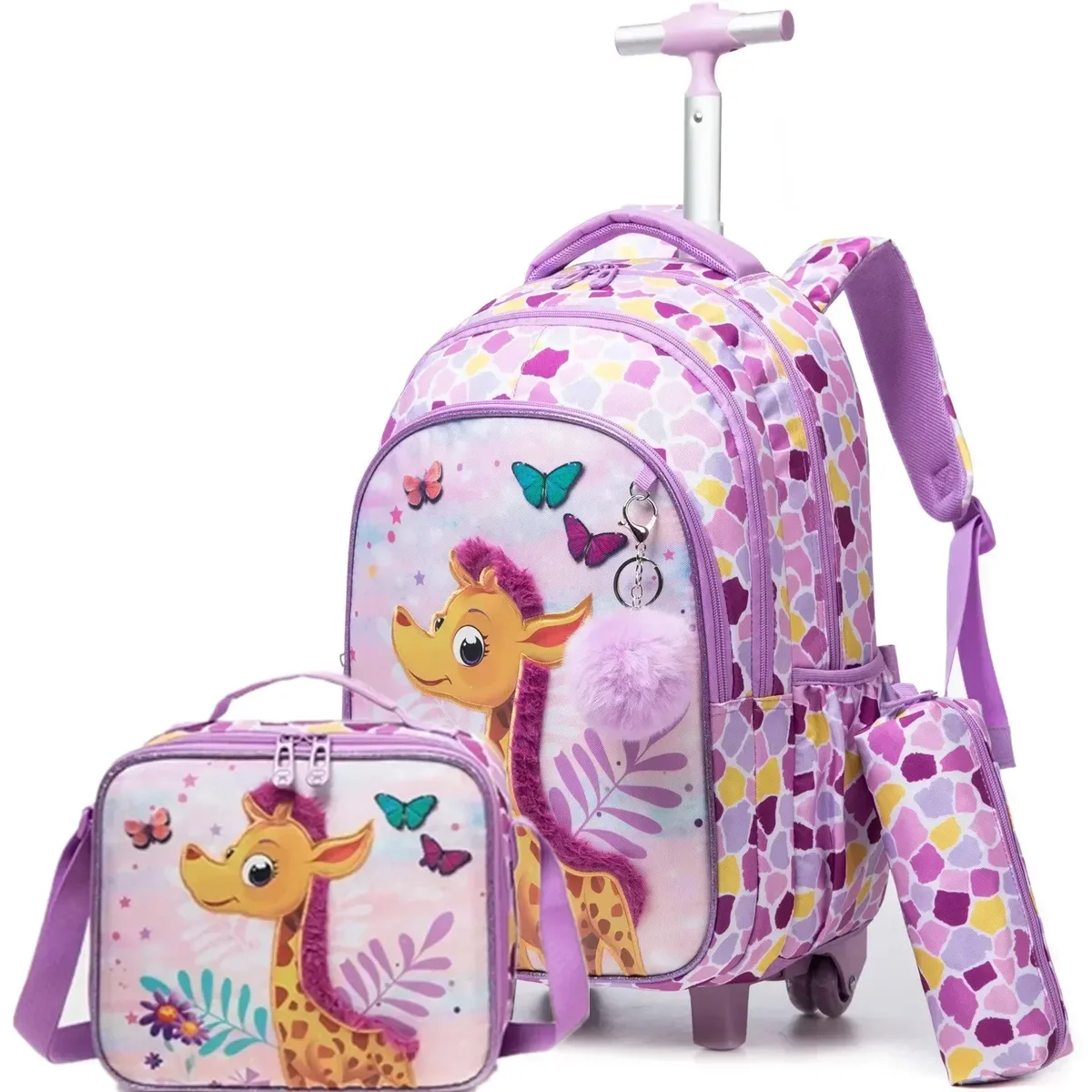 ensemble de sac à dos à roulettes pour enfants avec boîte à lunch, sac à dos scolaire à roulettes, sac à dos trolley pour filles