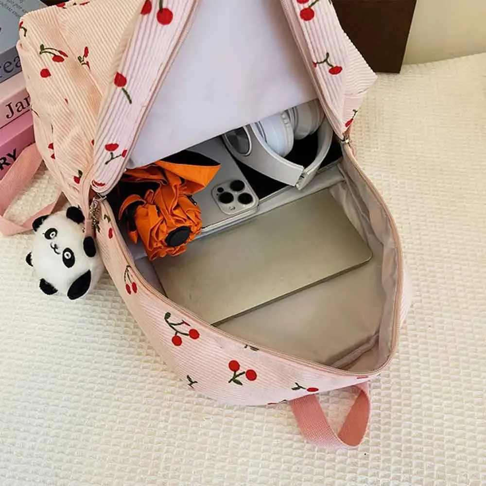 sac à dos personnalisé en velours côtelé cerise, sac de voyage universitaire brodé personnalisé, sac pour enfants avec toute lettre, cadeau de noël unique