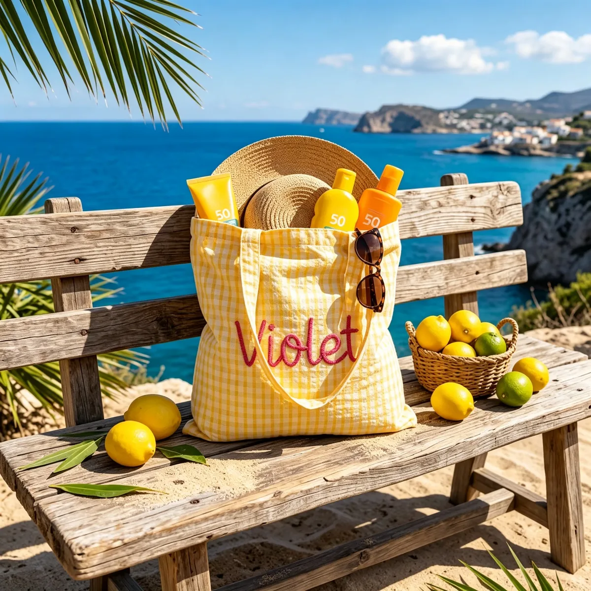 sac fourre-tout pour les vacances d'été, sac de plage à carreaux personnalisé, cadeau de fête d'enterrement de vie de jeune fille sur le thème du citron, sac fourre-tout personnalisé en chenille avec nom, pour filles