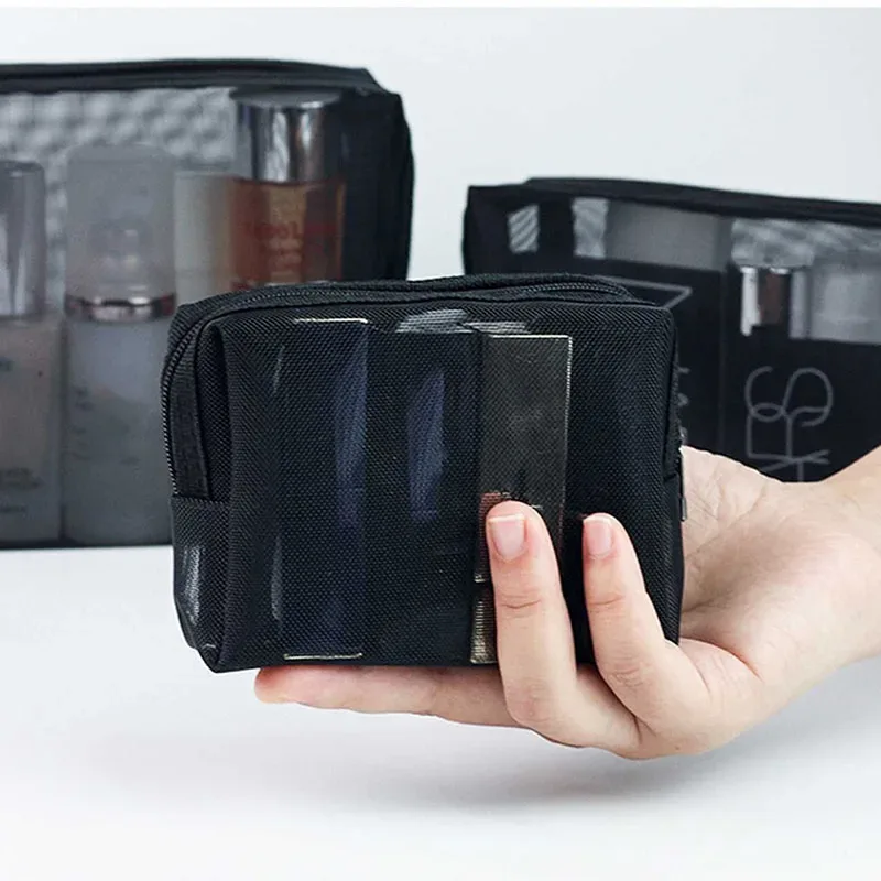 ensemble de 3 trousses de maquillage en maille, organisateur de cosmétiques de style ins pour femmes, mini pochette de toilette de voyage portable pour rouge à lèvres et cosmétiques