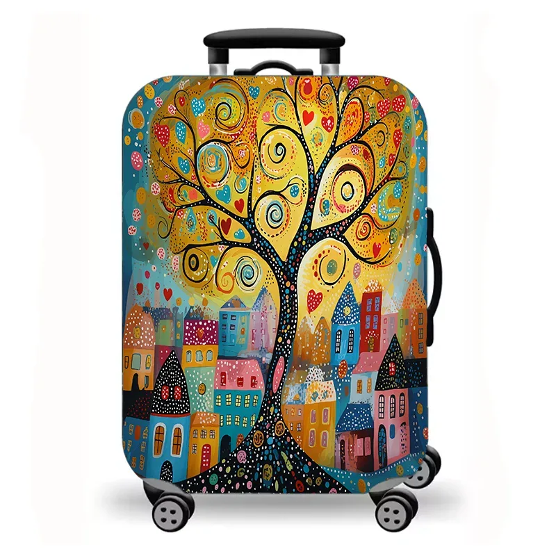 housse de bagage, housse de protection extensible pour valise avec imprimé artistique folklorique de ville de conte de fées colorée, housse de bagage de voyage lavable et anti-rayures