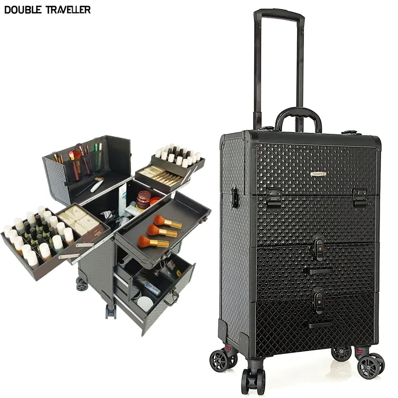 boîte à cosmétiques de luxe, valise de grande capacité, boîte à outils de broderie, chariot professionnel mult