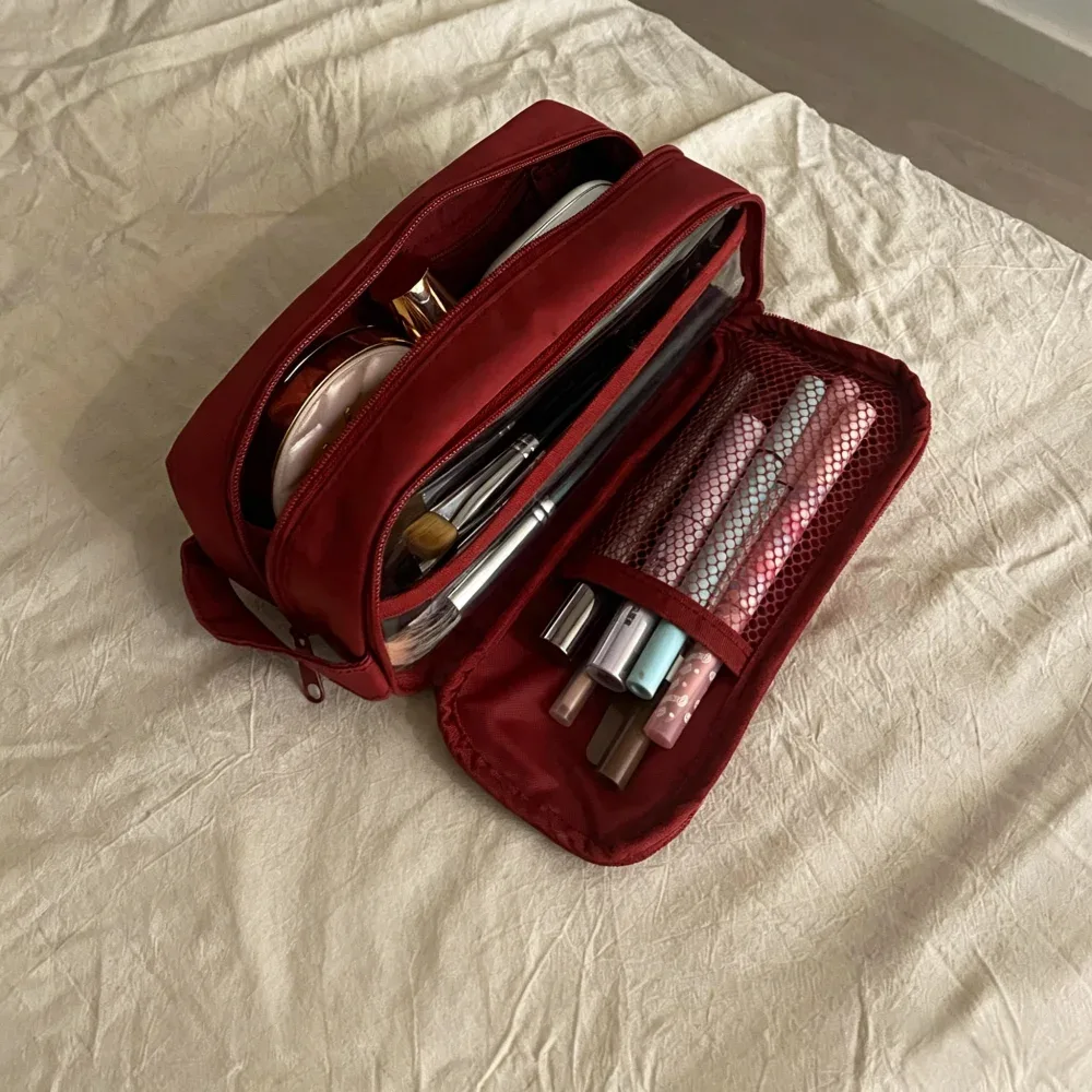 sac à cosmétiques double couche en nylon, organisateur de maquillage de voyage, trousse de toilette de grande capacité, trousse à crayons multifonction, porte-pinceaux