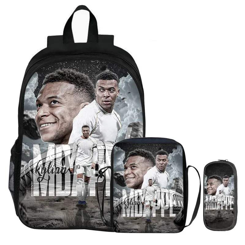 m-mbappe – ensemble de 3 pièces pour enfants, sac à dos pour étudiants, sac à bandoulière pour l'école, sacs à crayons, sac à livres, sac à dos de star du football, meilleur cadeau
