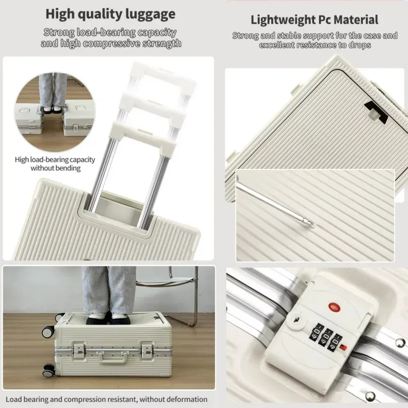 valise à cadre en alliage d'aluminium, poche d'ouverture avant avec prise de chargement usb, sac de boîtier de chariot à bagages roulant avec roue rotative