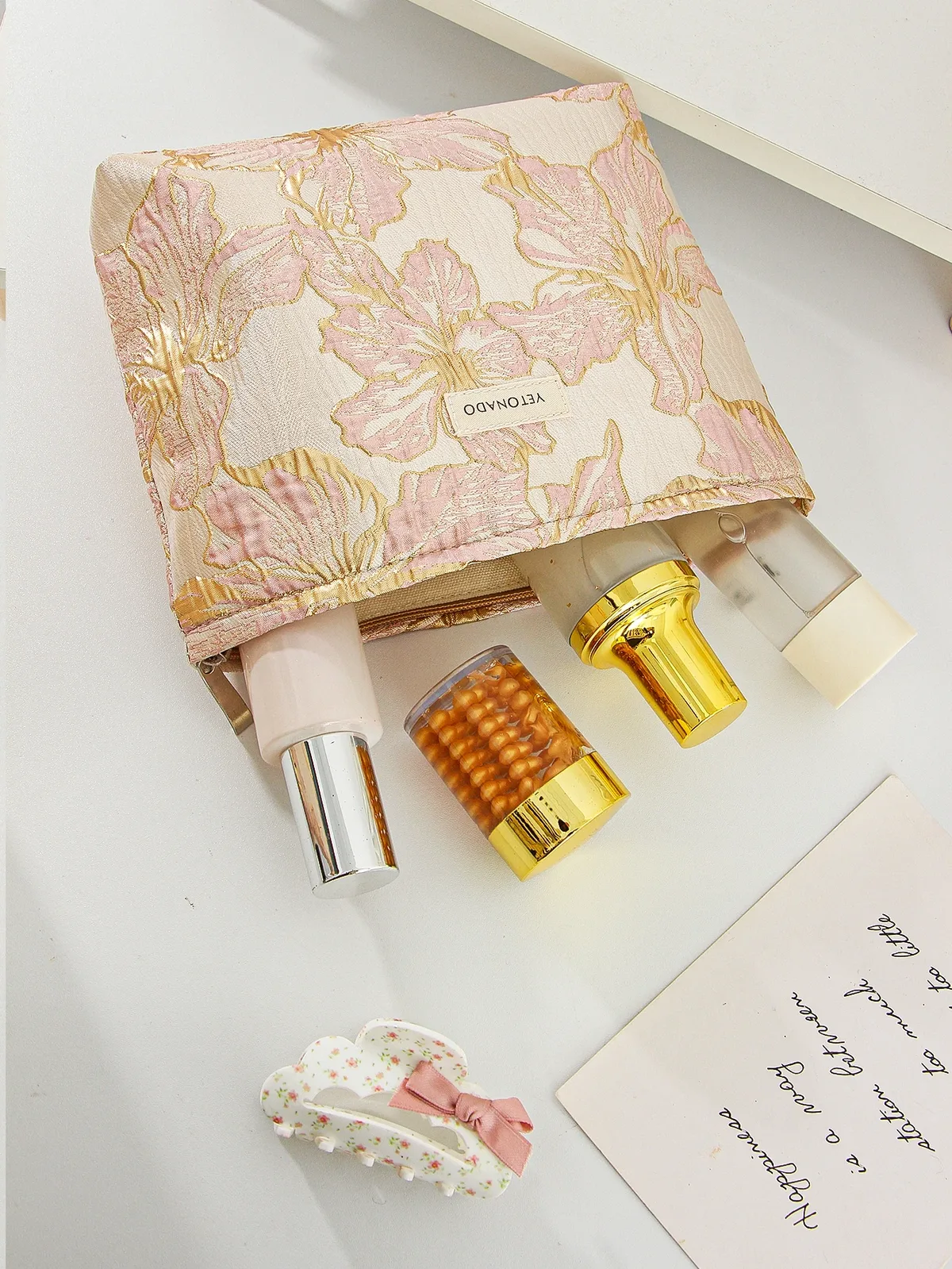 1 pièce/ensemble trousse de maquillage fleur dorée, trousse de maquillage de voyage mignonne, pochette pour articles de toilette, trousse de maquillage portable