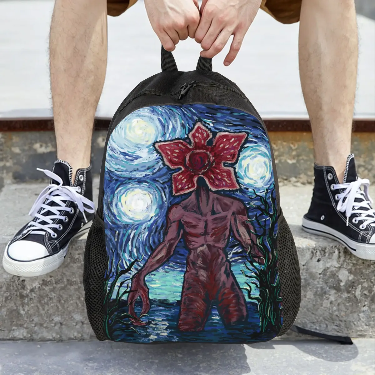 sac à dos demogorgon starry night style strangering, sacs à dos de randonnée pour femmes et hommes, sacs d'école esthétiques, sac à dos léger au design original