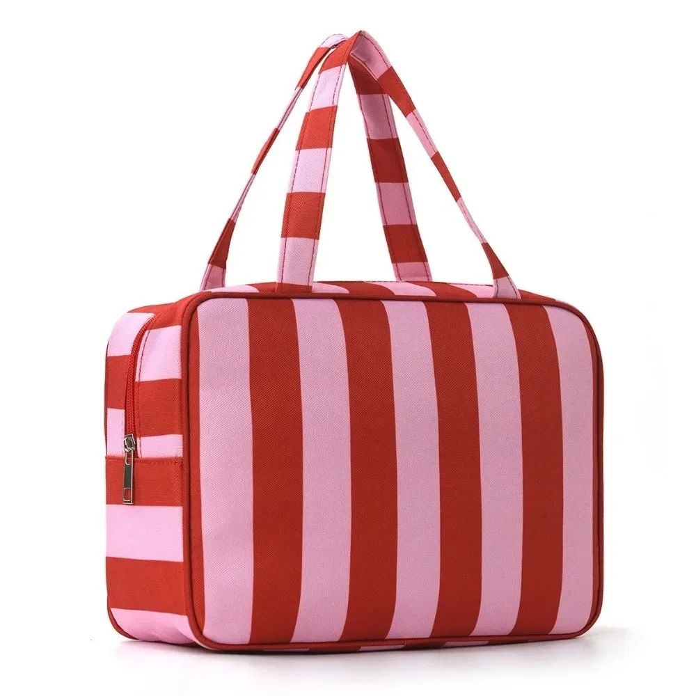 sac de rangement pour articles de toilette rayé grande capacité, pliable, multi-compartiments, sac de maquillage de voyage, pochette cosmétique durable et portable
