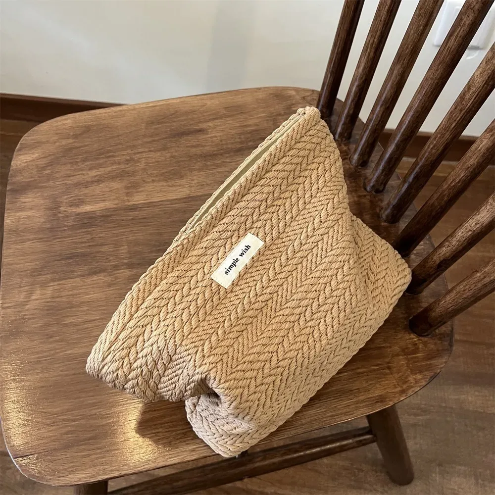sac de maquillage à fermeture éclair, nouvelle mode, pochette en tissu tissé de grande capacité, sac à cosmétiques portable, sac de rangement de voyage de couleur unie