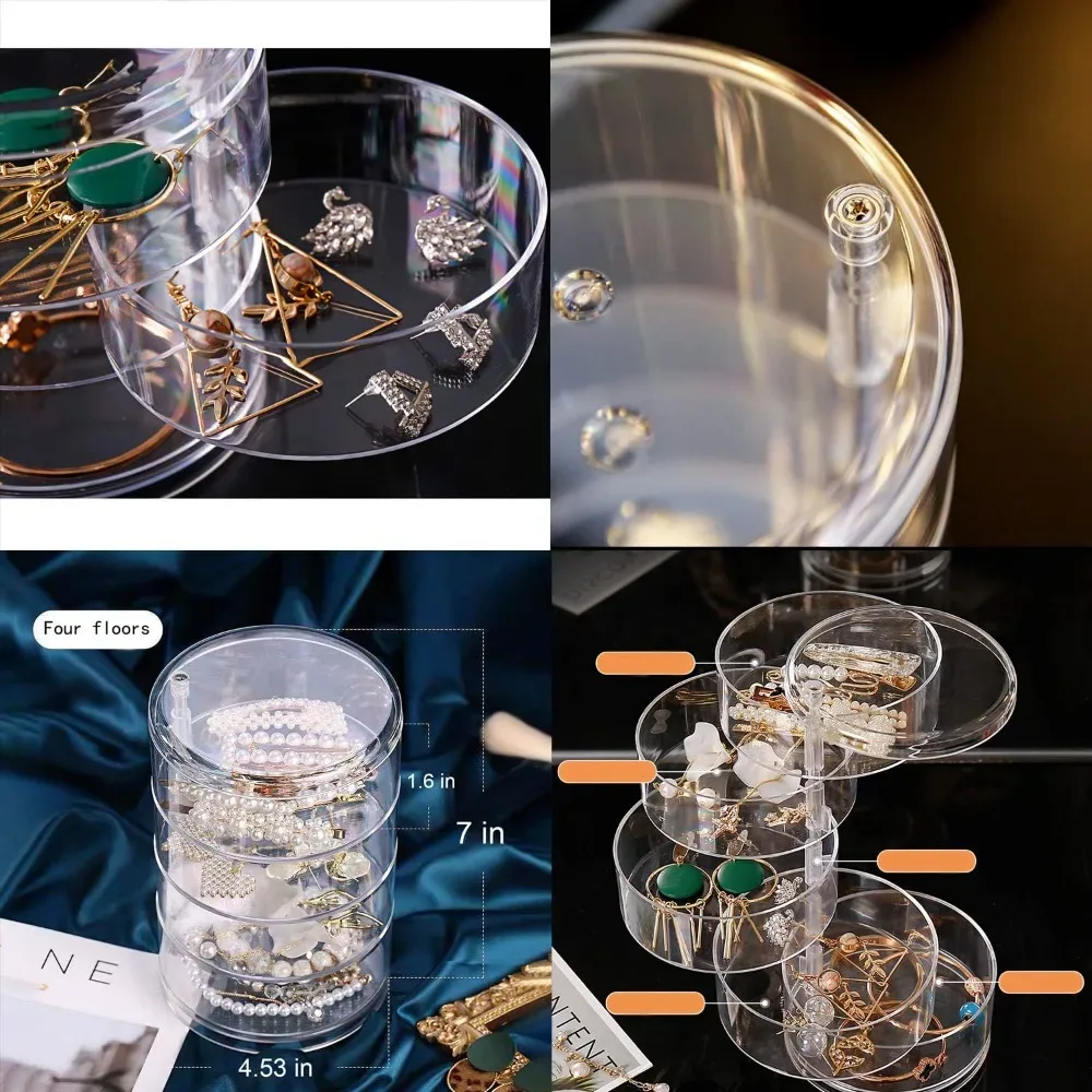 organisateur de bijoux rotatif à 360°, boîte de rangement en plastique transparent, compacte, multi-couches, porte-boucles d'oreilles et bagues, anti-poussière, présentoir de bureau