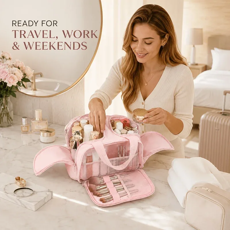 sac de maquillage de voyage grande capacité, organisateur de cosmétiques avec poignée, sac de rangement multi-compartiments pour articles de toilette pour femmes