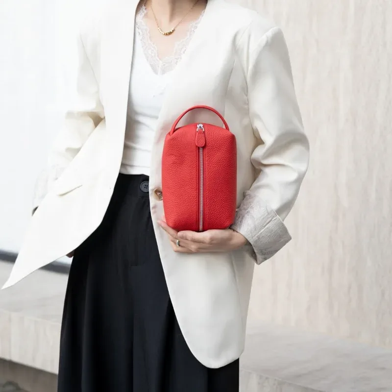 sac de maquillage en cuir véritable de haute qualité, sac à cosmétiques simple, étui de rangement de toilette pour femmes, pochette de rangement portable de voyage pour dames