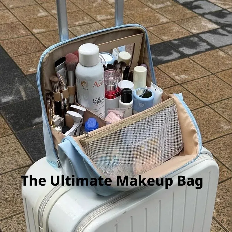 trousse de maquillage portable multifonctionnelle de grande capacité avec compartiments, miroir et fonction de maintien vertical pour les voyages et les articles de toilette