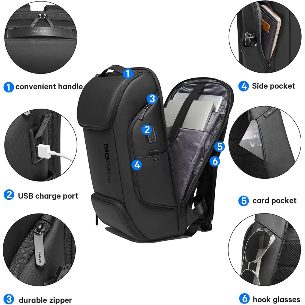 bange business usb charge sacs à dos intelligents convient au sac à dos de trajet pour ordinateur portable 15.6 pouces sac de transport étanche pour hommes sacs de voyage