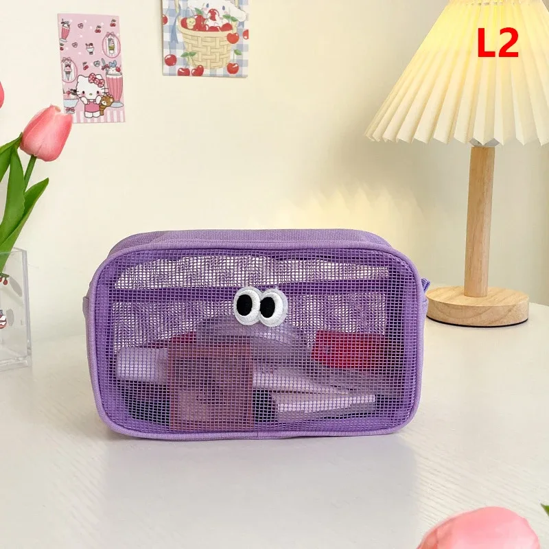trousse de maquillage portable kawaii, sac cosmétique en maille, sac de rangement de produits de toilette, poudres de maquillage, grands yeux mignons, nouveau document de bonbons