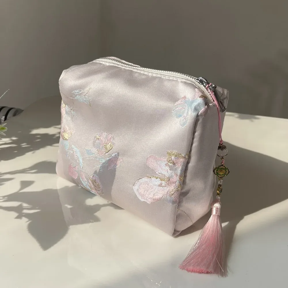 pochette cosmétique portable en polyester avec fermeture éclair, broderie florale, style chinois, organiseur de maquillage, pour voyage