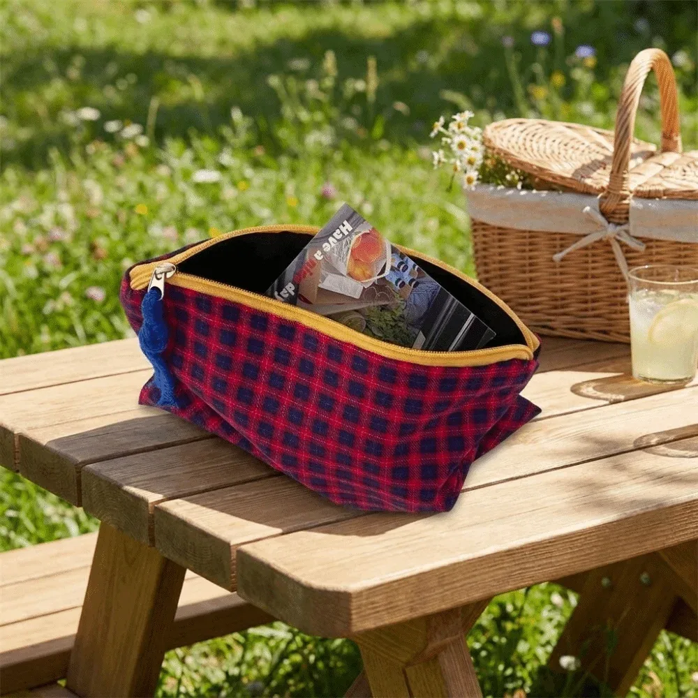 trousse de maquillage simple à carreaux avec fermeture éclair, organiseur de cosmétiques portable, grande capacité, porte-monnaie léger pour femme