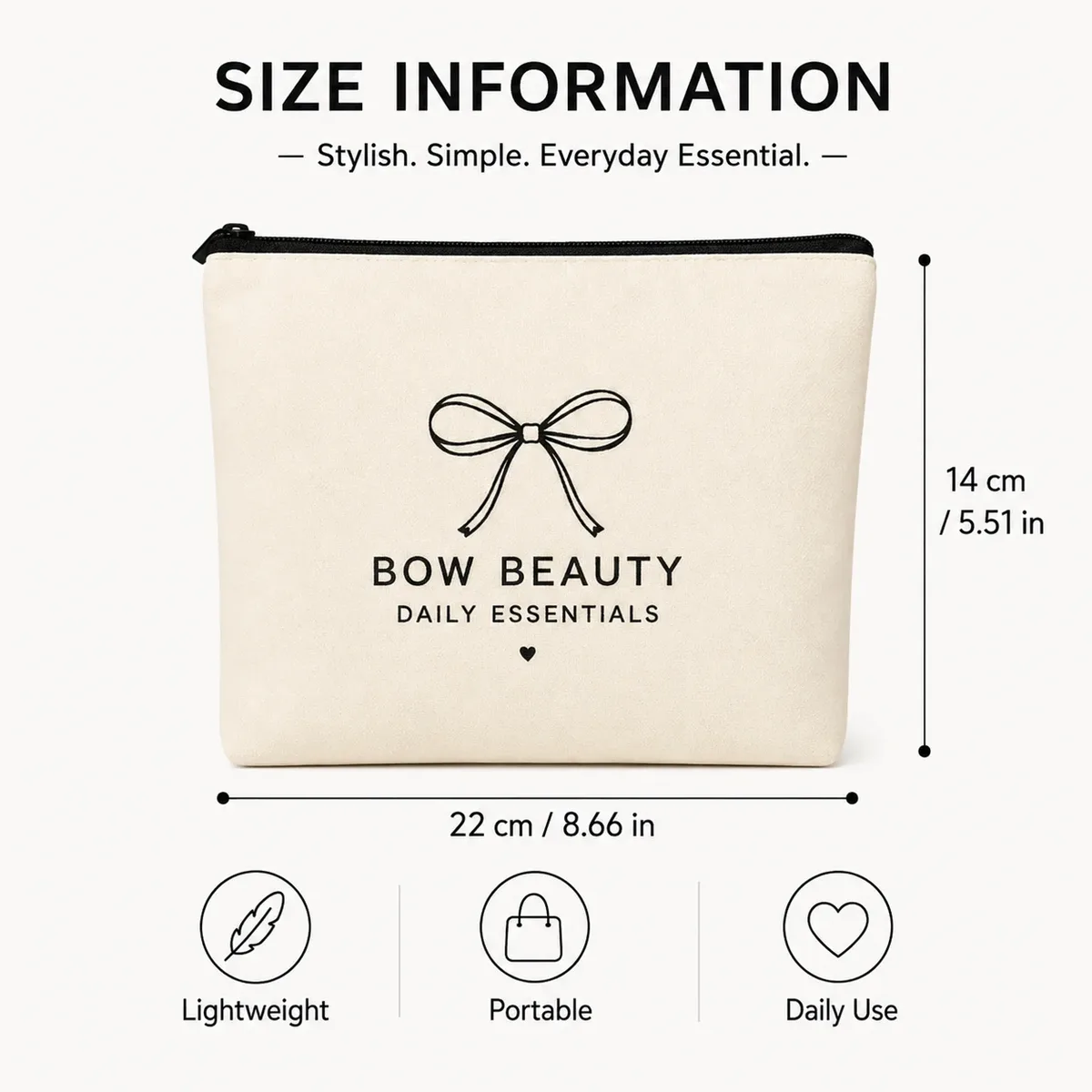 trousse de maquillage en toile avec nœud pour femmes, pochette cosmétique portable avec fermeture éclair, organisateur de voyage pour articles de toilette, sac de rangement quotidien pour essentiels de beauté