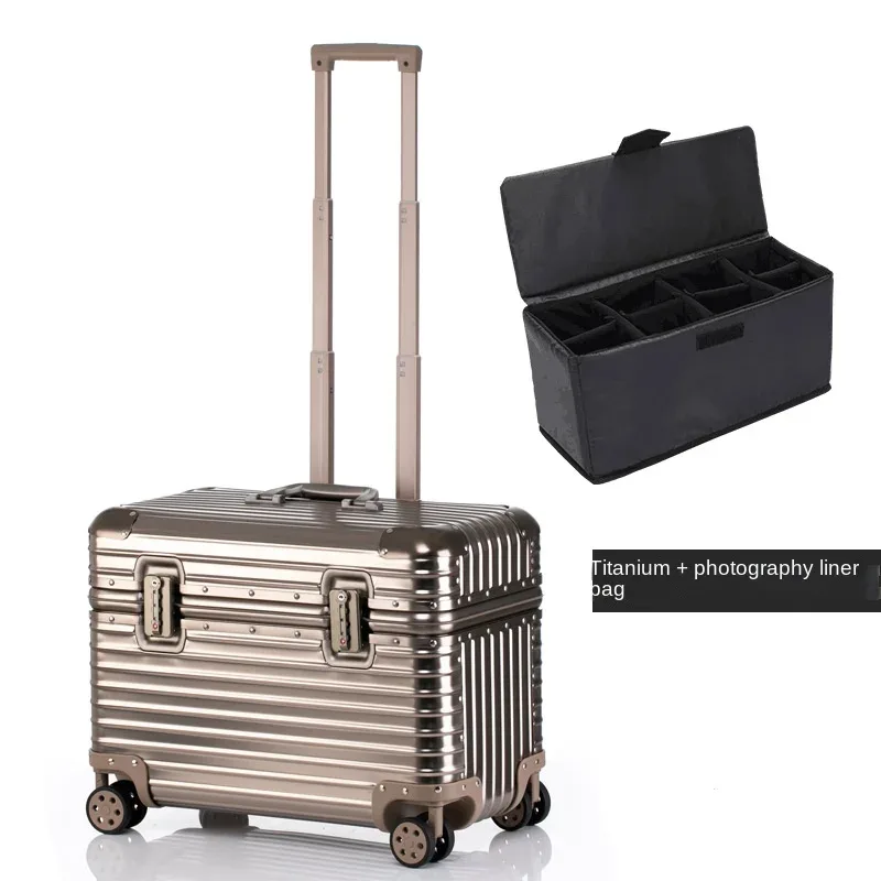 valise en aluminium 100%, étui pour appareil photo de photographie à ouverture supérieure, valise de cabine à main de 18/20 pouces, serrure par mot de passe, boîte à outils pour bagages