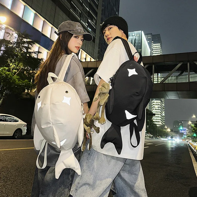 y2k mignon baleine requin forme sacs à dos grand sac de voyage en nylon durable unisexe en plein air drôle dessin animé sac à dos étudiant cartable