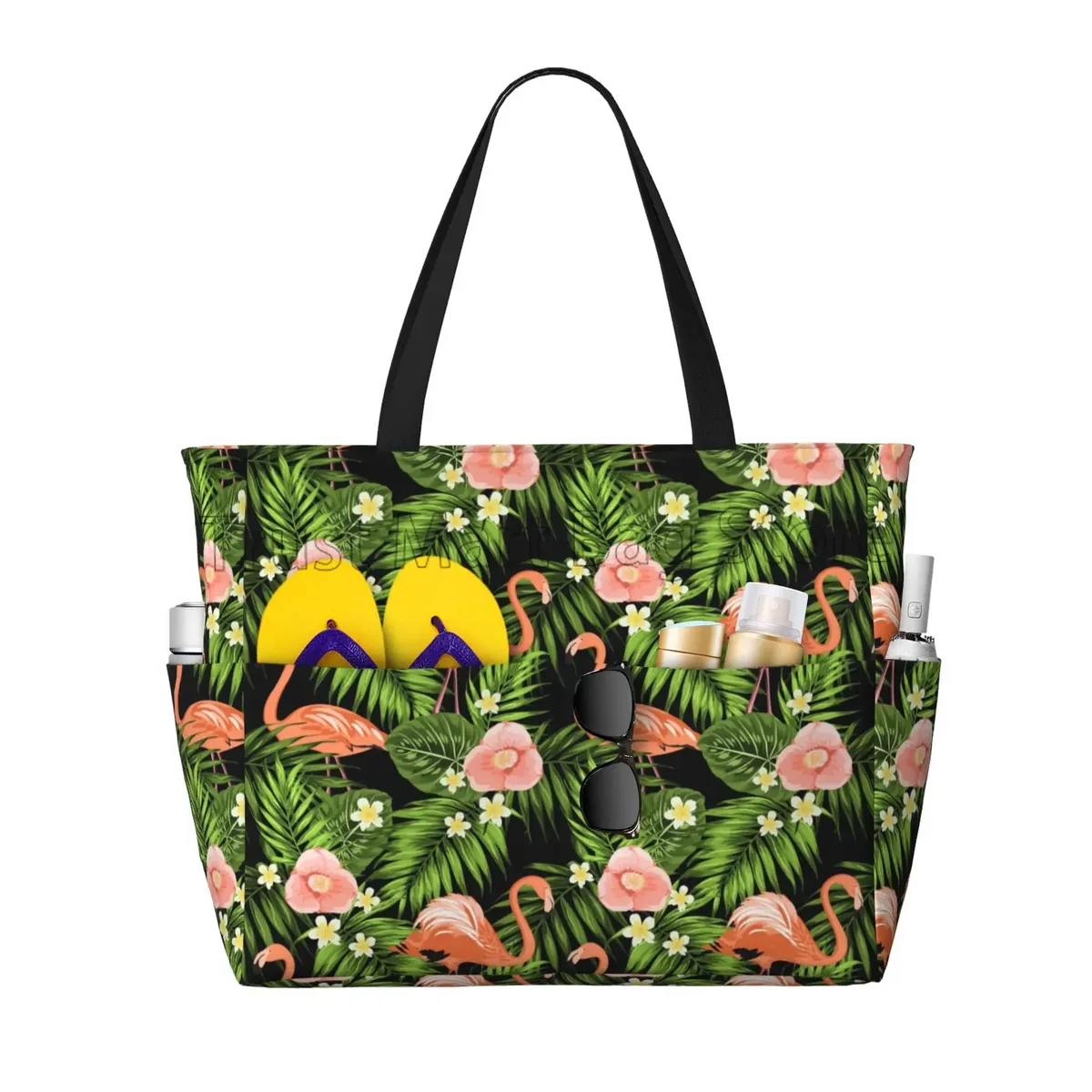 grand sac fourre-tout de plage imprimé flamant rose pour femmes, sac de voyage portable, sac de piscine étanche et résistant au sable pour la natation, la salle de sport, les vacances d'épicerie