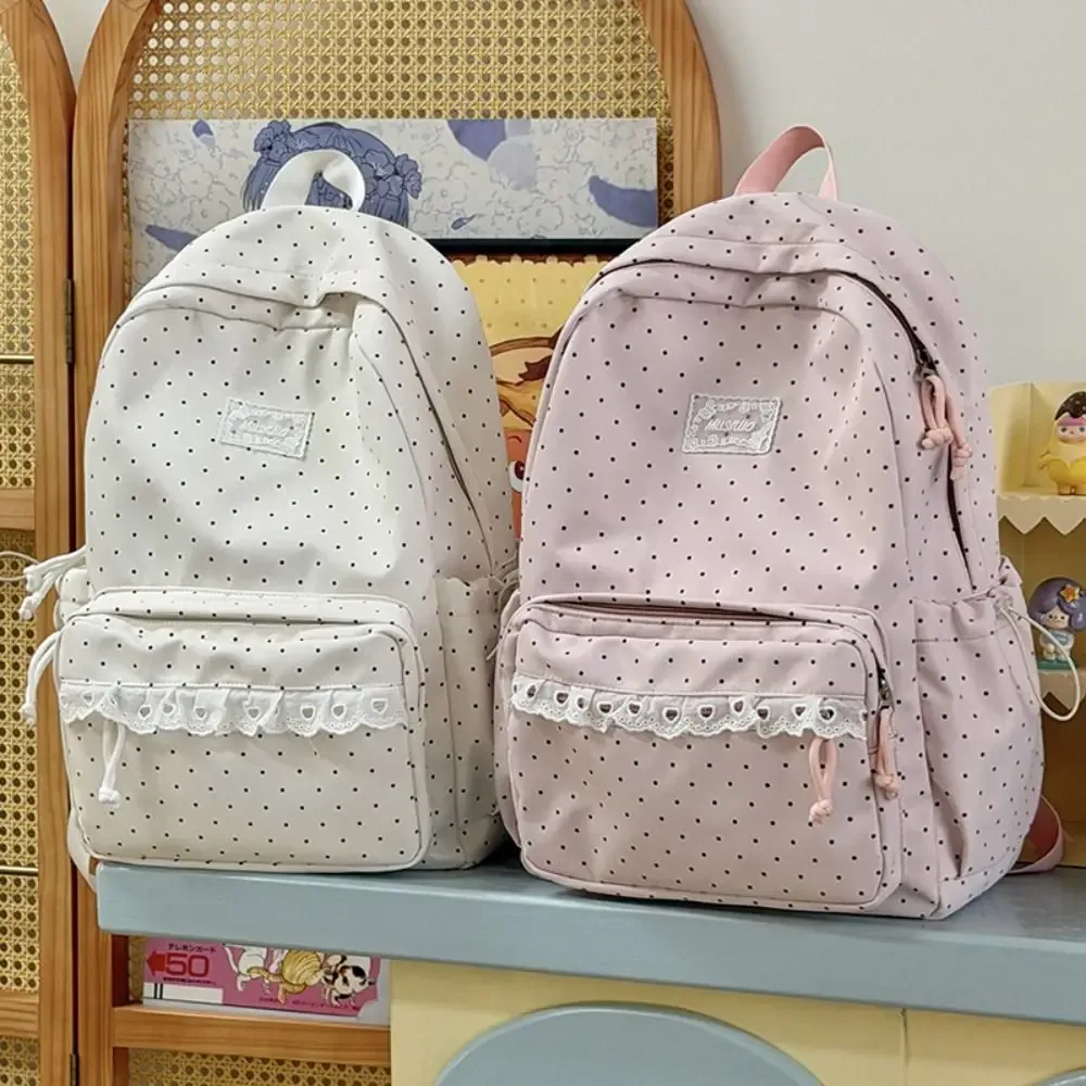 sac à dos tendance à pois, grande capacité, design avec nœud, bordure en dentelle, sac à dos minimaliste et durable pour étudiants, cadeau idéal.
