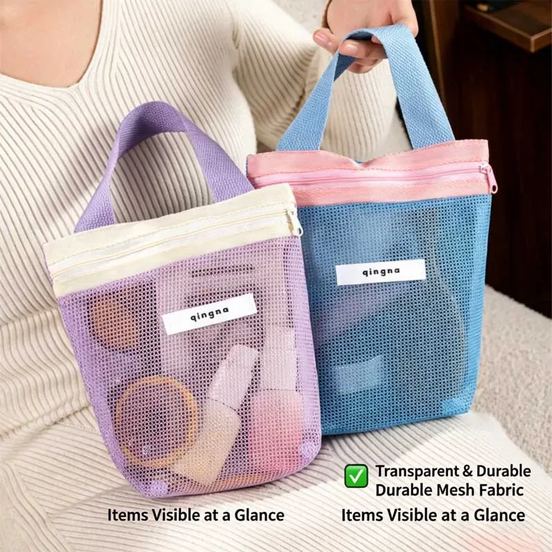 sac à cosmétiques portable en maille multicolore, pochette de rangement transparente pour voyage