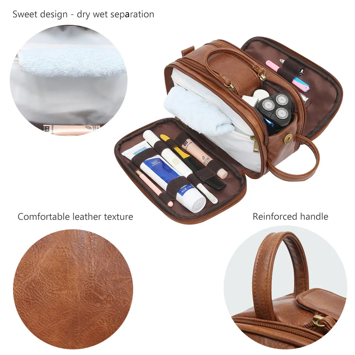 trousse de toilette pour hommes, grand kit dopp de rasage de voyage, organisateur de produits de toilette de salle de bain résistant à l'eau, sacs à cosmétiques en cuir pu