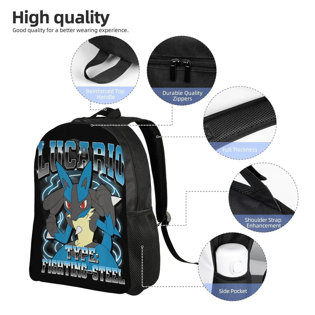 sacs à dos pokemon lucario type fighting steel poster daypack mochila office work sac à dos à fermeture éclair