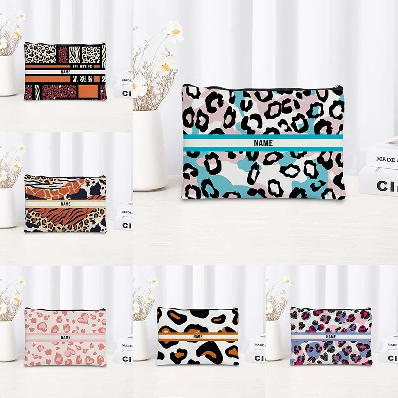 Trousse de maquillage à motif léopard et tigre, trousse de toilette cosmétique essentielle pour les voyages, cadeau d'anniversaire ou de vacances avec nom personnalisé, trousse de maquillage