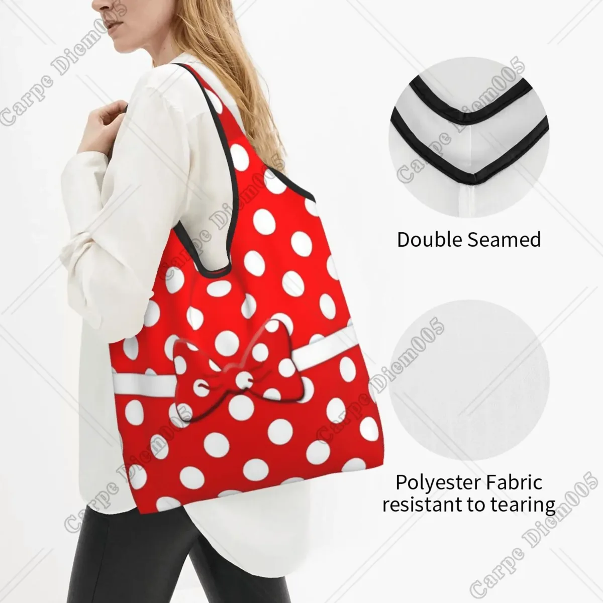 sac à provisions rick cartoon pour femme, sac fourre-tout pliable, sacs d'épicerie portables, respectueux de l'environnement, taille unique, pois, nœud