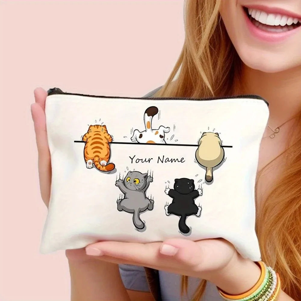 pochette de maquillage personnalisée avec imprimé chat - organisateur de cosmétiques à fermeture éclair avec un adorable motif multi-chats, polyester durable, grande capacité