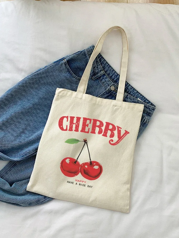 sac à bandoulière en toile cerise, 1 pièce, pliable et réutilisable, sac à main d'épicerie en tissu, unisexe pour dames, voyage pour femmes
