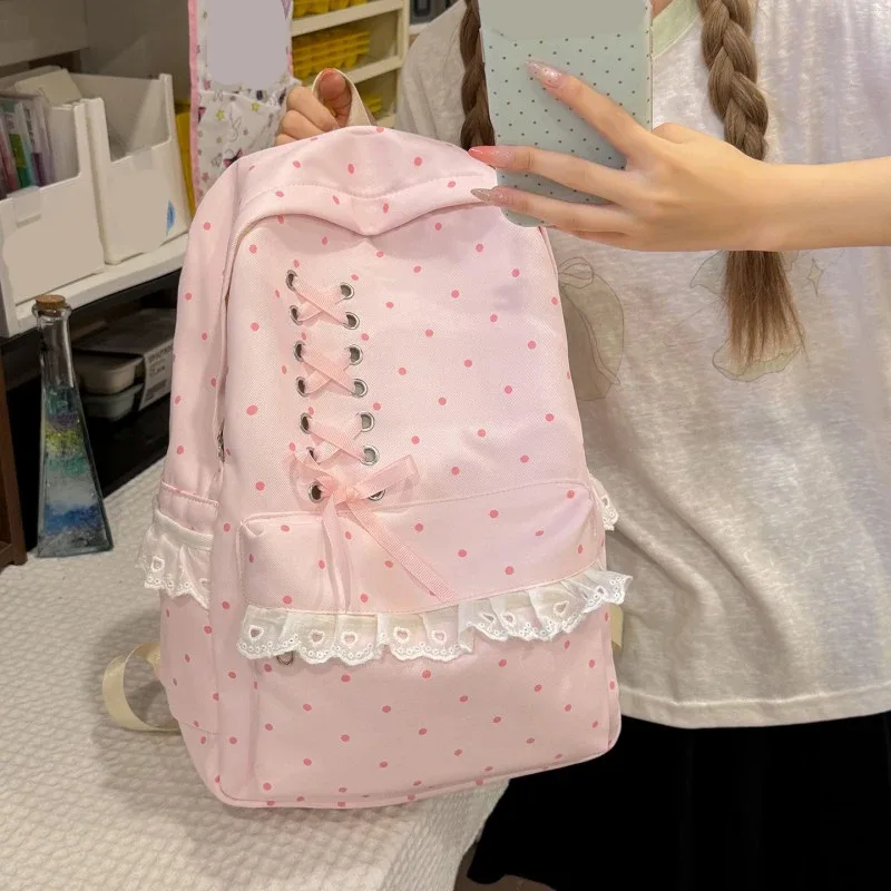 sac à dos en dentelle à pois, grande capacité, souple et élégant, avec compartiments, sacs à dos légers et mignons, sacs pour le soutien scolaire quotidien
