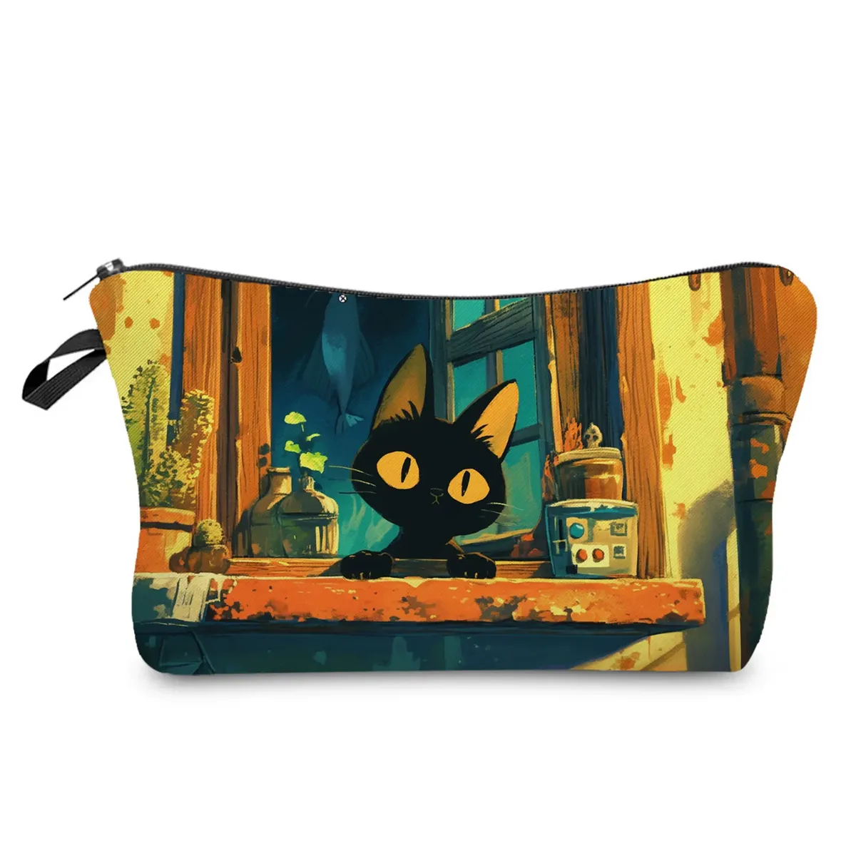 sacs de maquillage college chat noir pour femmes, sacs de rangement portables de voyage, impression d'animaux kawaii décontractés, sacs à cosmétiques double face avec fermeture éclair