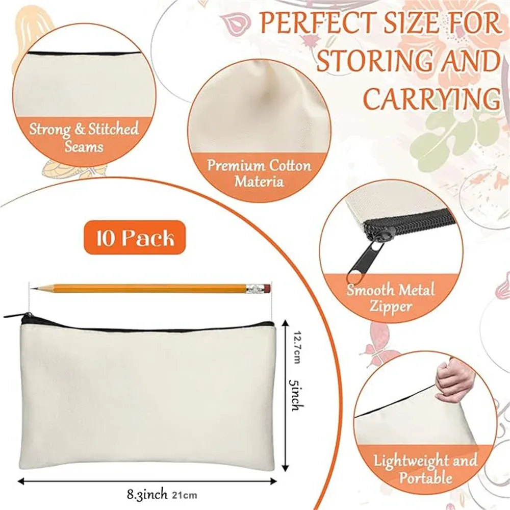 lot de 10 pochettes en toile vierges avec fermeture éclair, sacs de maquillage en gros, trousse à crayons multi-usages avec fermeture éclair robuste, sac cosmétique de voyage