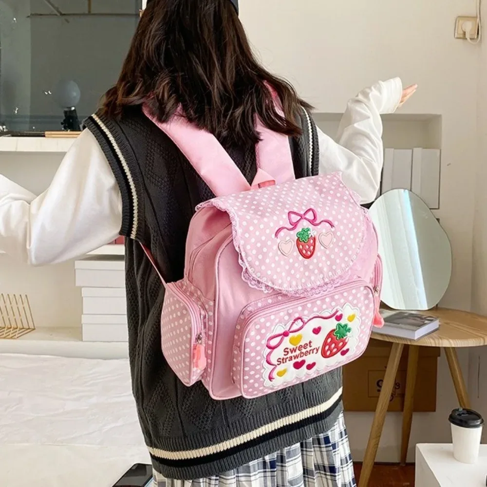 sac à dos décontracté pour fille, motif fraise de dessin animé, broderie nœud, grande capacité, pour étudiante