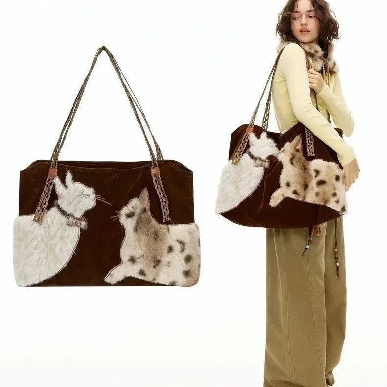 sac fourre-tout en fausse fourrure brodé motif chat, grande capacité, sac à main pour femme, marron, hiver, peluche, sac de voyage, sac boston