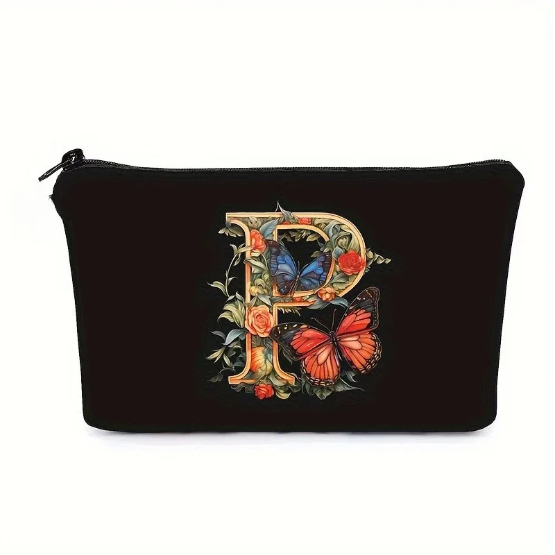 trousse de maquillage noire avec imprimés de 26 lettres de l'alphabet anglais, pochette à cosmétiques, sacs de rangement multifonctionnels