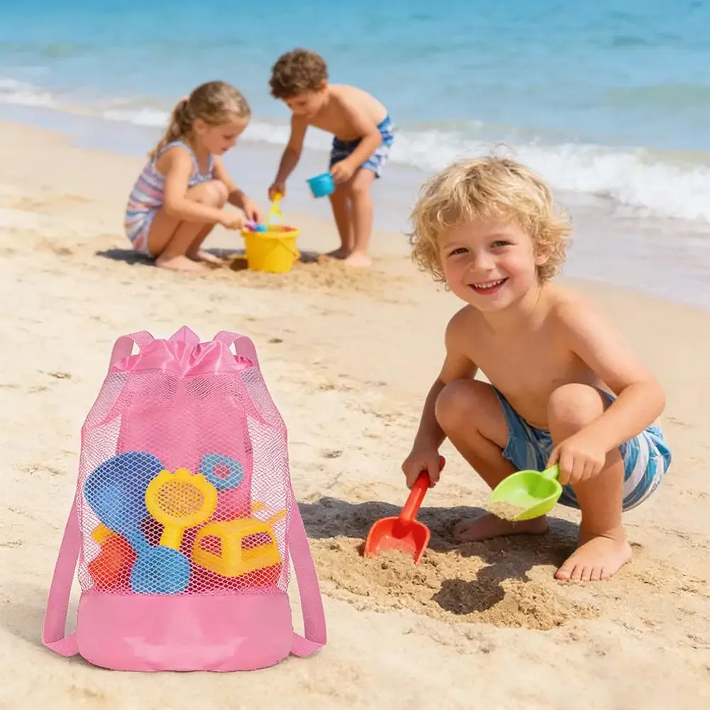 sac à dos en filet pour jouets de plage pour enfants, avec cordon de serrage, pour jouets de sable, collection de coquillages, accessoires de piscine et de natation