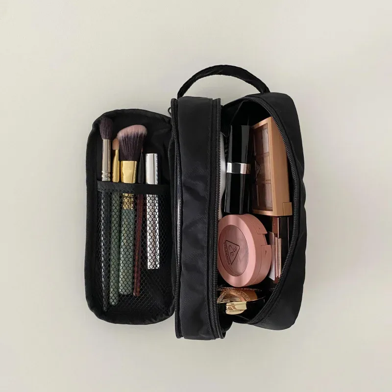 grande trousse de maquillage noire en maille, portable, pour voyage, organiseur de pinceaux de toilette, sac à pinceaux au design simple pour femme, pour usage quotidien