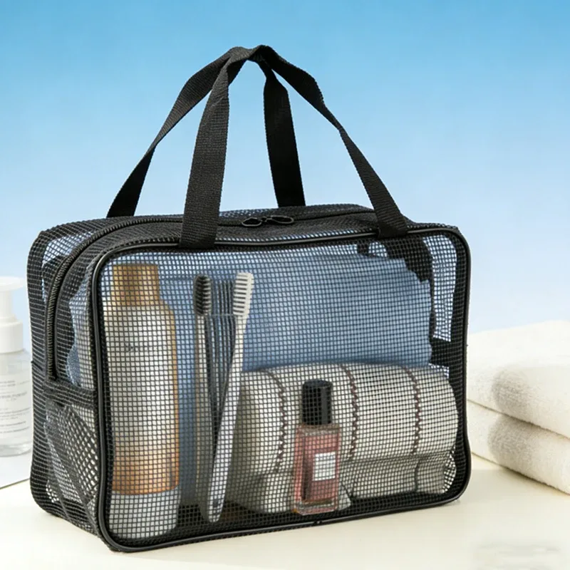 Sac de toilette en maille noire, organiseur de douche portable, sac de voyage étanche et anti-fuite, sac de sport