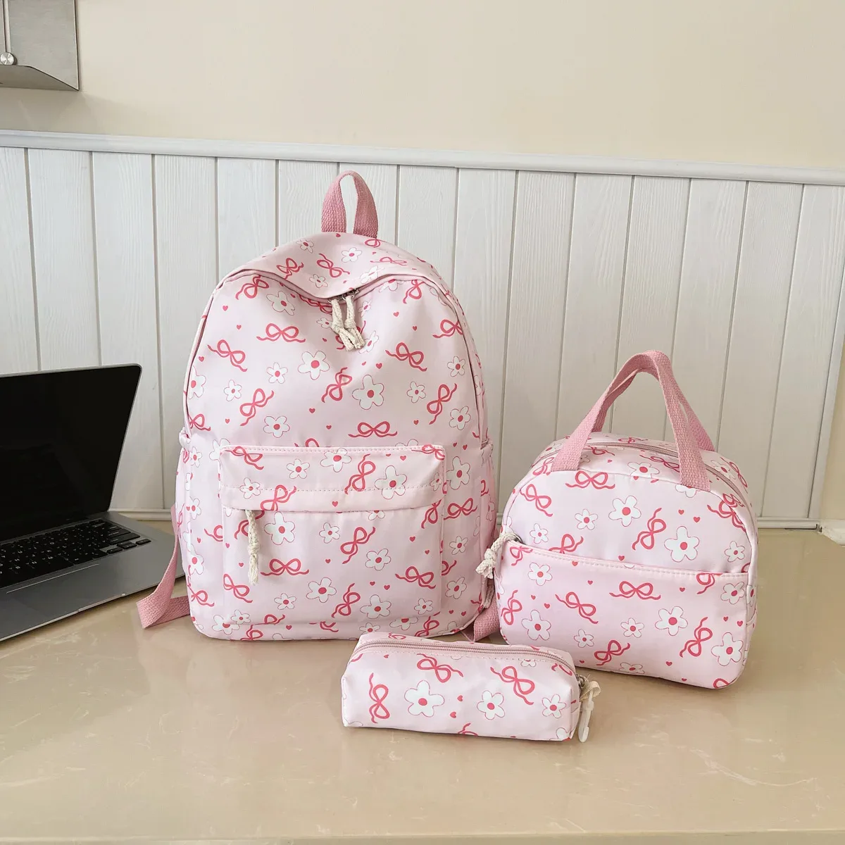 sac à dos imprimé fleurs avec nœud, léger et multifonctionnel, ensemble de trois pièces, pour étudiants et campus – collection high beauty sweet cool
